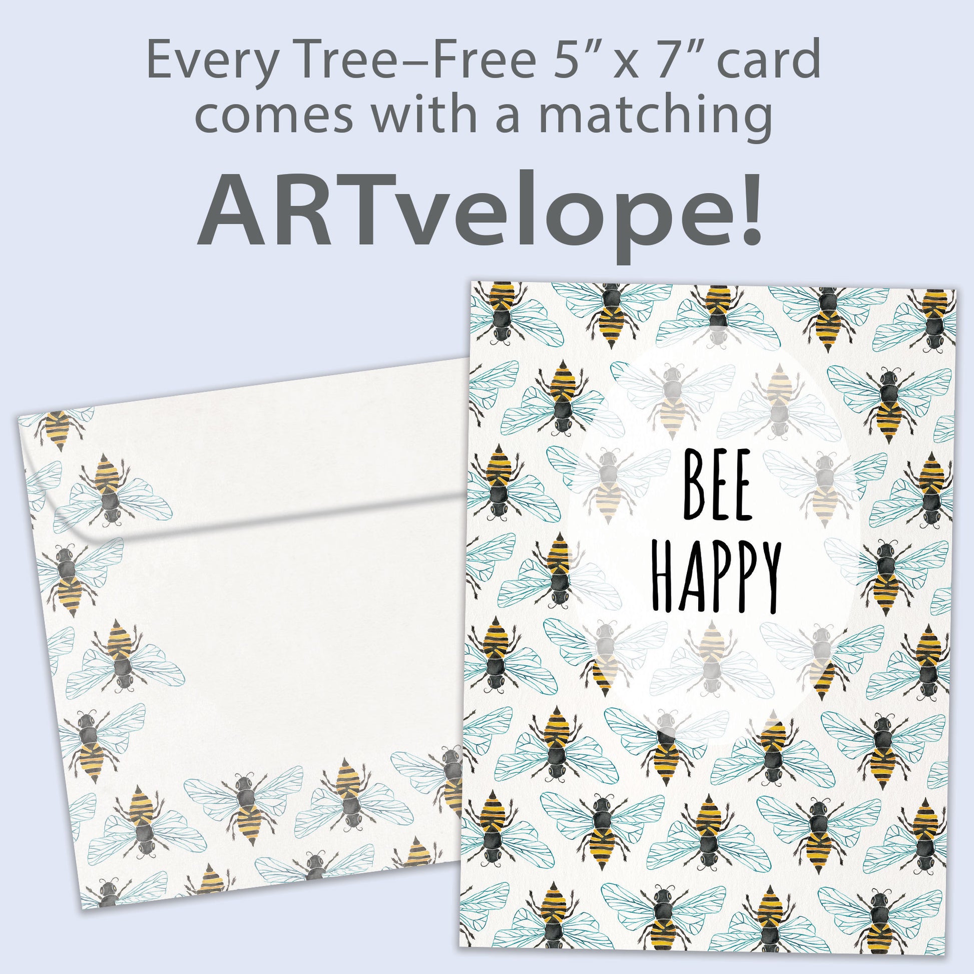 Front view of an All Occasion greeting card featuring bees and the message 'bee happy,' with matching envelope artwork.