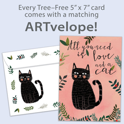 Front view of an All Occasion greeting card featuring a cat and the message 'all you need is love and a cat,' with matching envelope artwork.