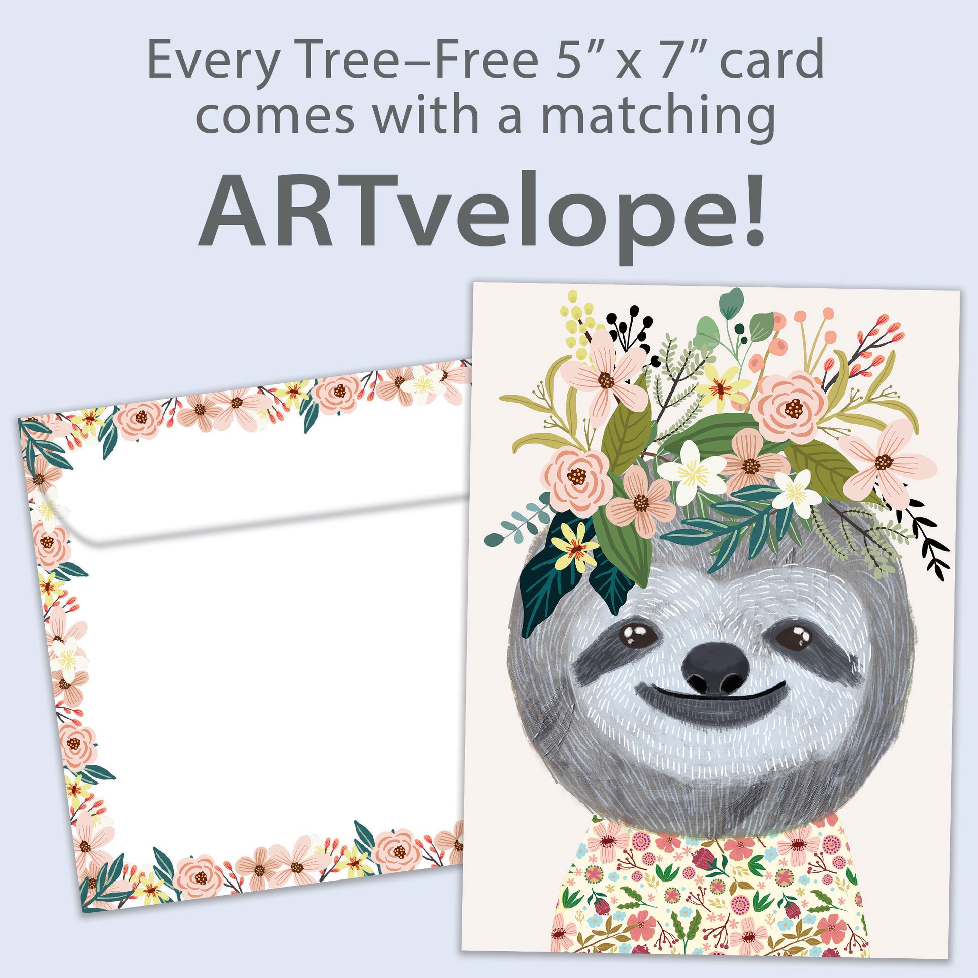 Front view of an All Occasion greeting card featuring a happy sloth with flowers, with matching envelope artwork.