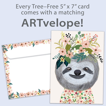 Front view of an All Occasion greeting card featuring a happy sloth with flowers, with matching envelope artwork.
