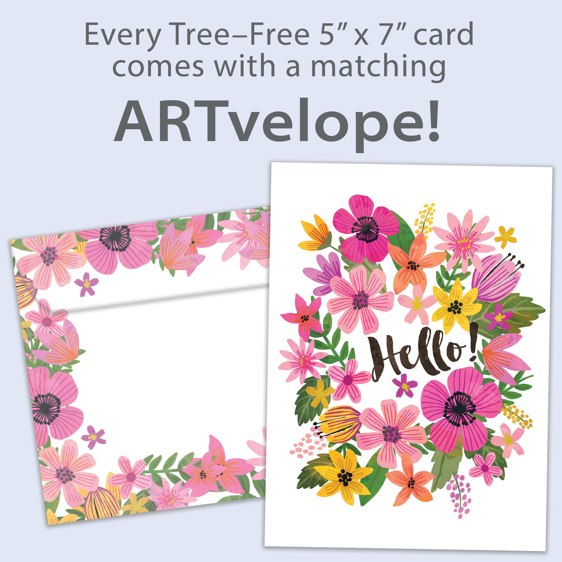Front view of an All Occasion greeting card featuring colourful flowers and the message 'Hello!,' with matching envelope artwork.