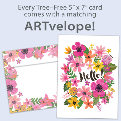 Front view of an All Occasion greeting card featuring colourful flowers and the message 'Hello!,' with matching envelope artwork.