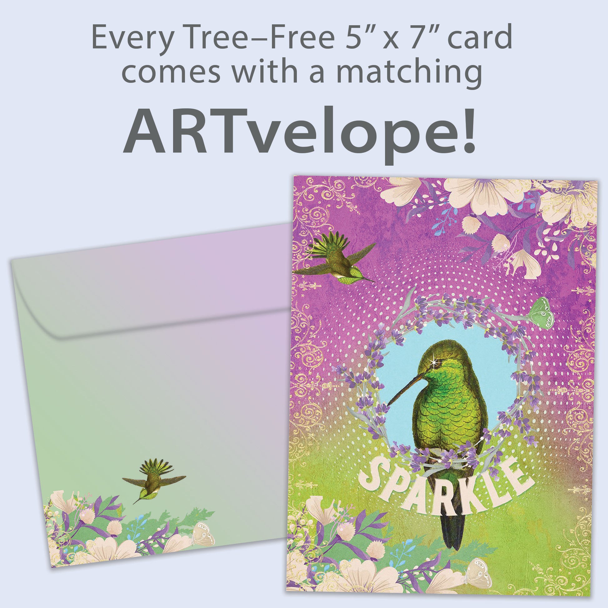 Front view of an All Occasion greeting card featuring a bird illustration and the word 'sparkle,' with matching envelope artwork.