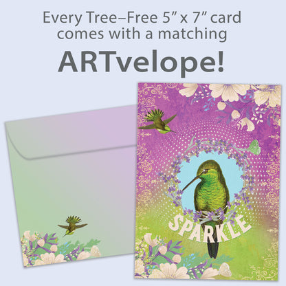 Front view of an All Occasion greeting card featuring a bird illustration and the word 'sparkle,' with matching envelope artwork.