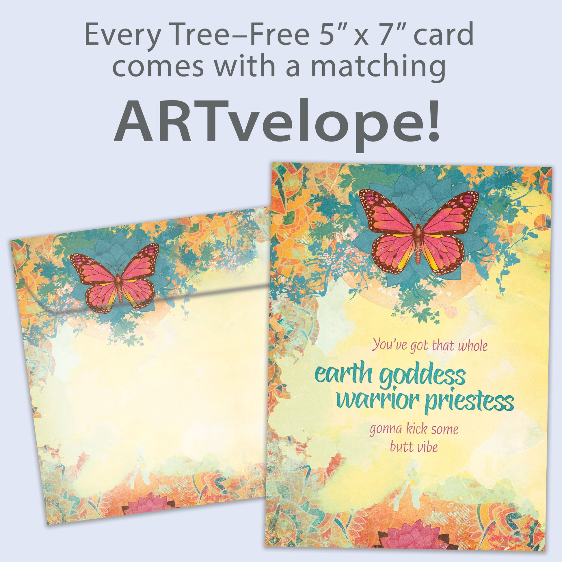 Front view of an All Occasion greeting card featuring a butterfly and floral design with an uplifting message, with matching envelope artwork.