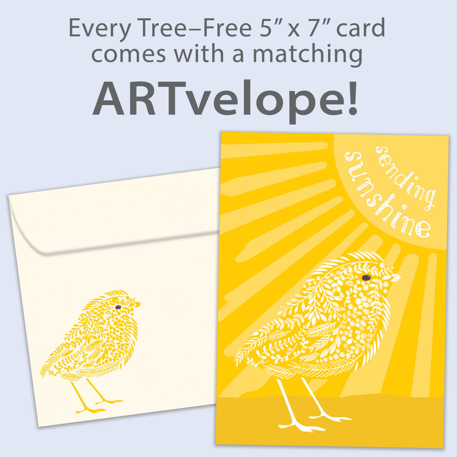Front view of an All Occasion greeting card featuring a bird, the sun, and the message 'sending sunshine,' with matching envelope artwork.