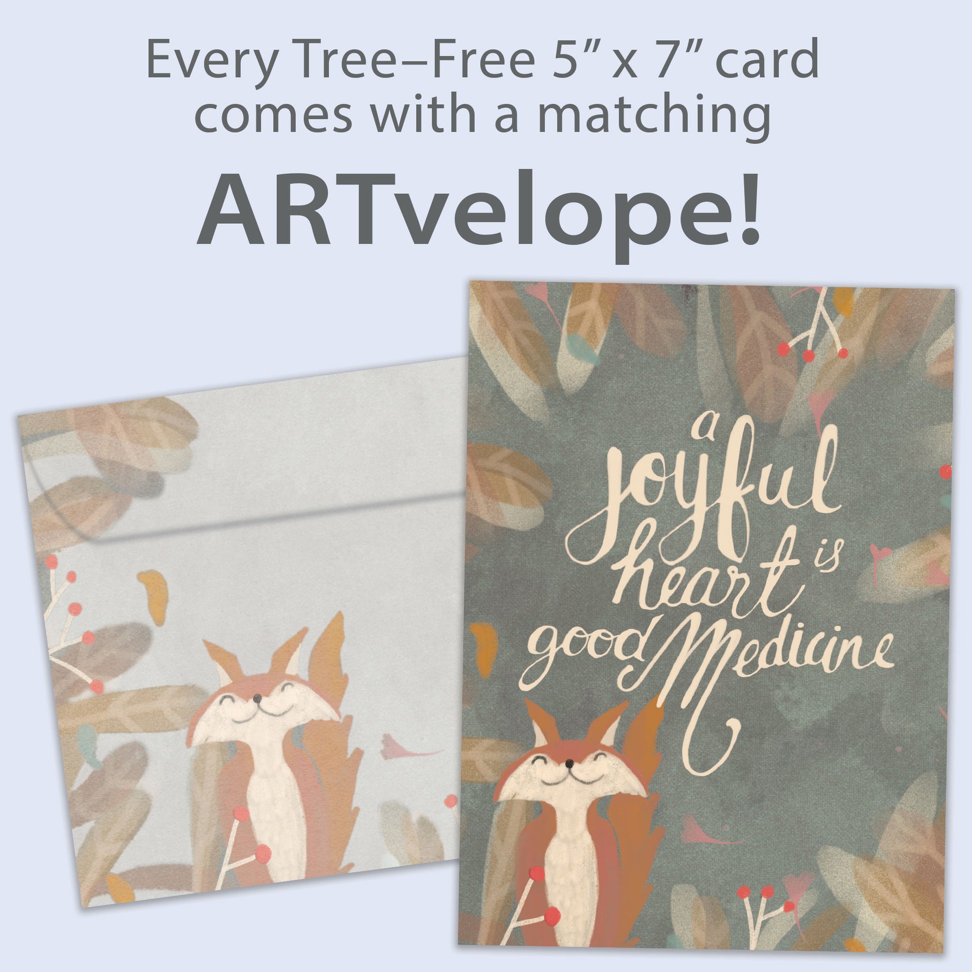 Front view of an All Occasion greeting card featuring a happy fox and a joyful message, with matching envelope artwork.