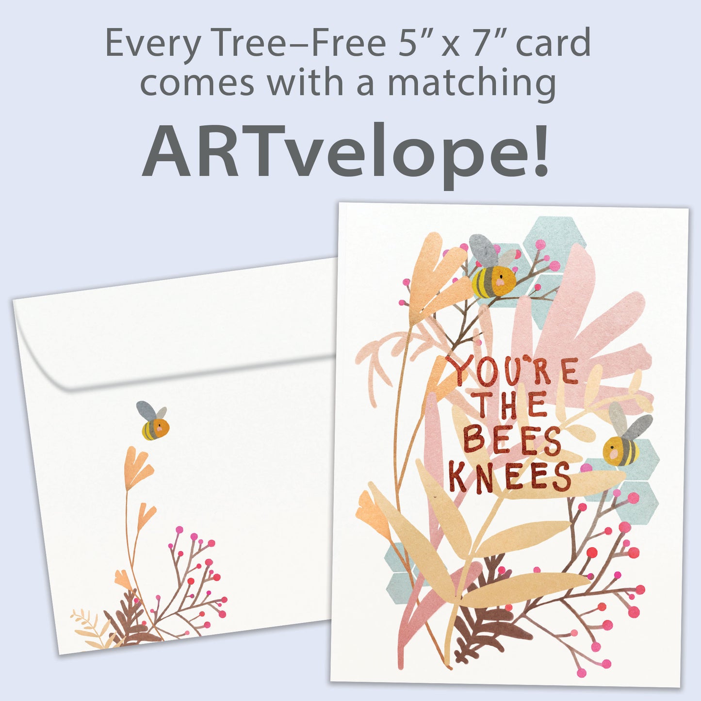 Front view of an All Occasion greeting card featuring an illustration of bees and the message 'you're the bees knees,' with matching envelope artwork.