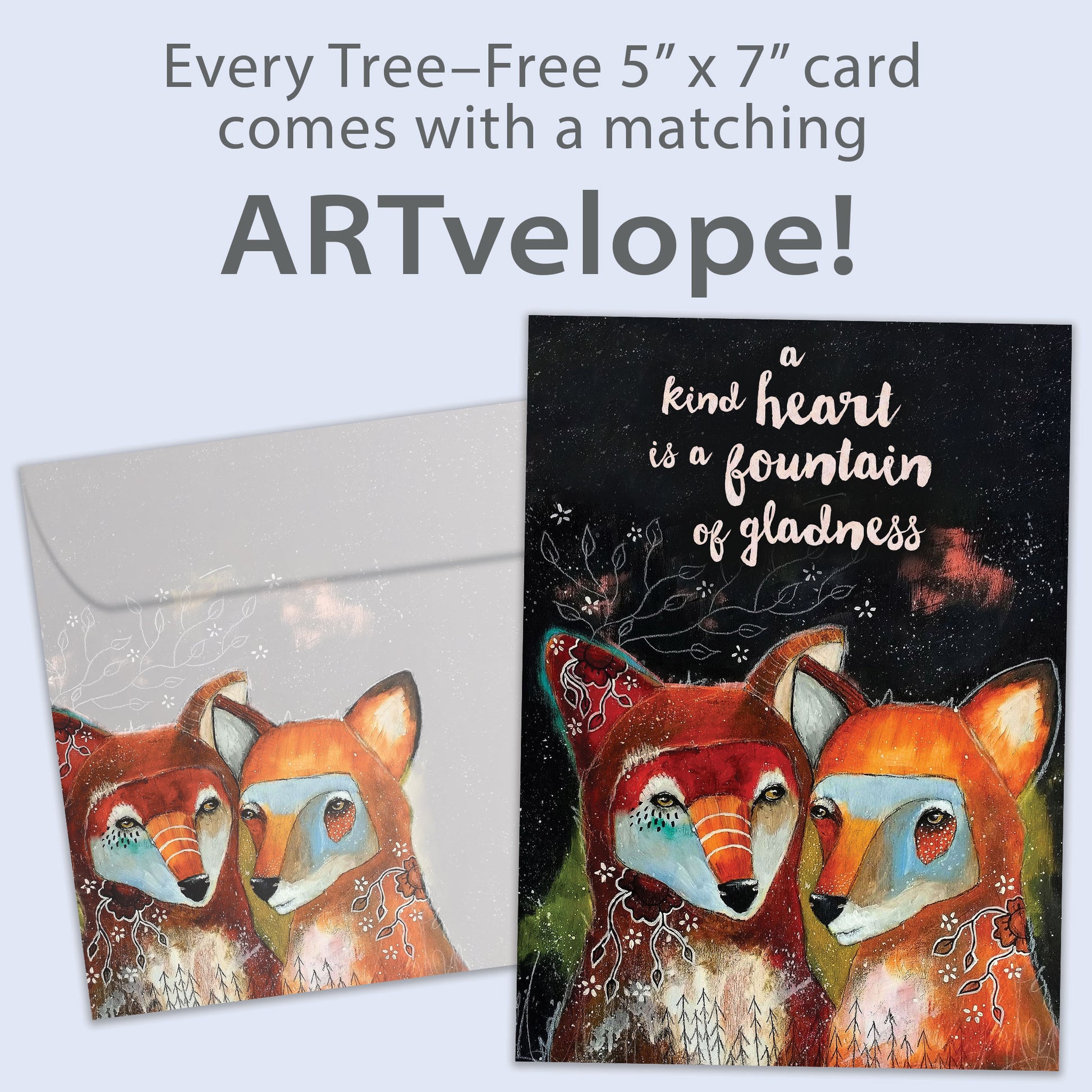 Front view of an All Occasion greeting card featuring two foxes and a message about a kind heart, with matching envelope artwork.