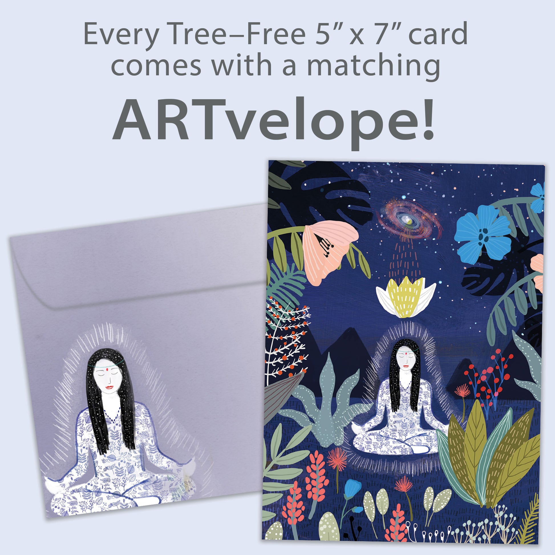 Front view of an All Occasion greeting card featuring a woman meditating in a garden under the stars, with matching envelope artwork.