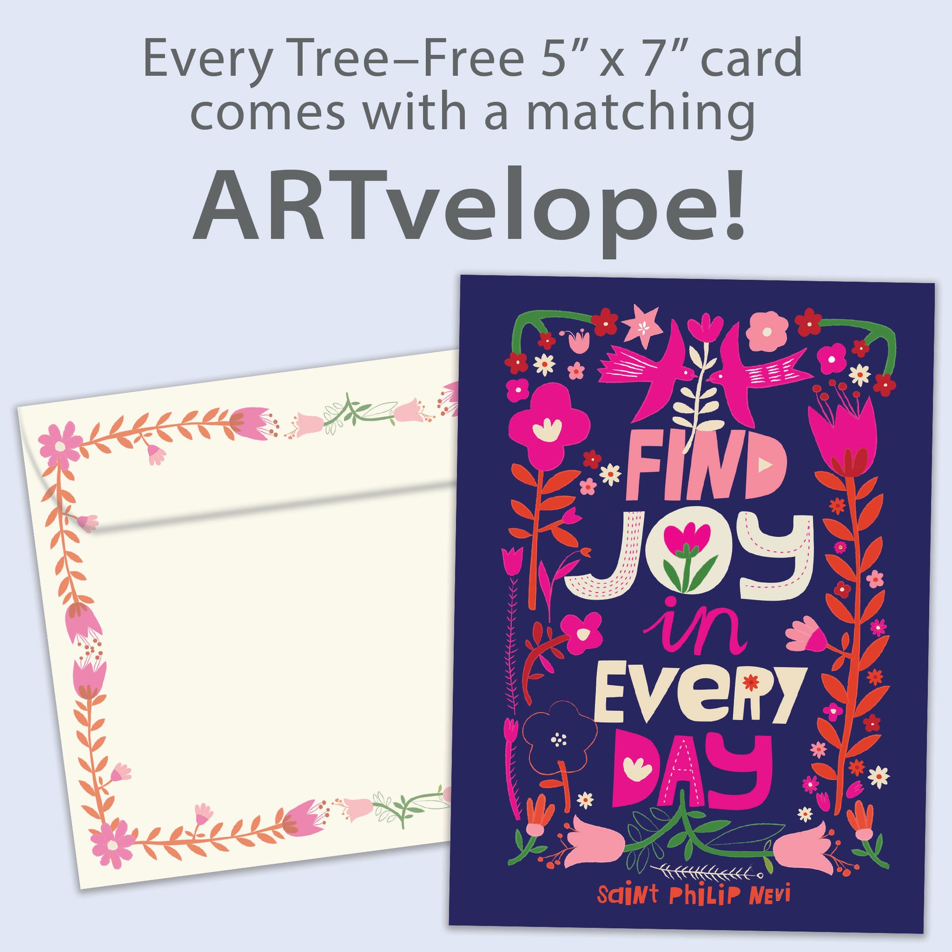Front view of an All Occasion greeting card featuring a floral design and the message 'find joy in every day,' with matching envelope artwork.
