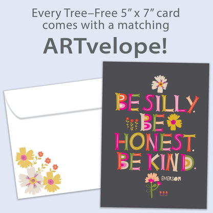 Front view of an All Occasion greeting card featuring a floral design and the message 'Be silly. Be Honest. Be kind.,' with matching envelope artwork.