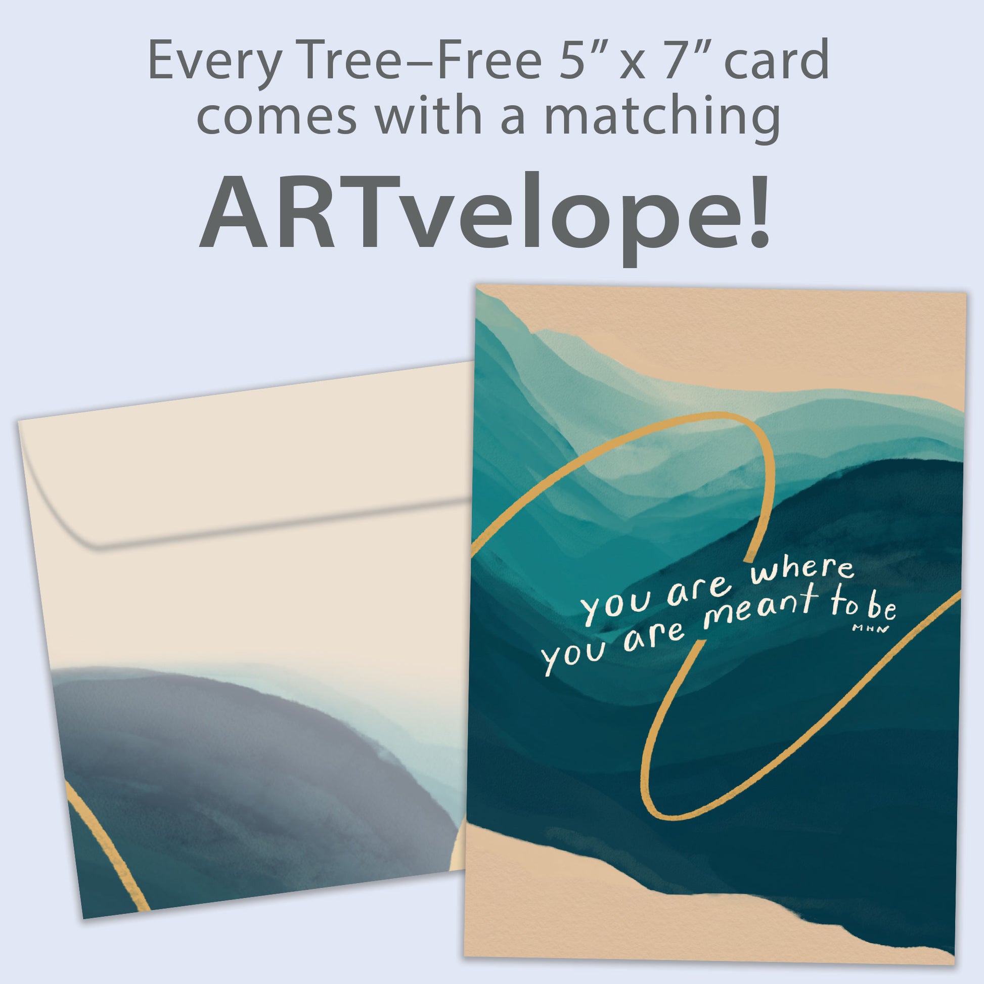 Front view of an All Occasion greeting card featuring the message 'You are where you are meant to be' on a calm background, with matching envelope artwork.