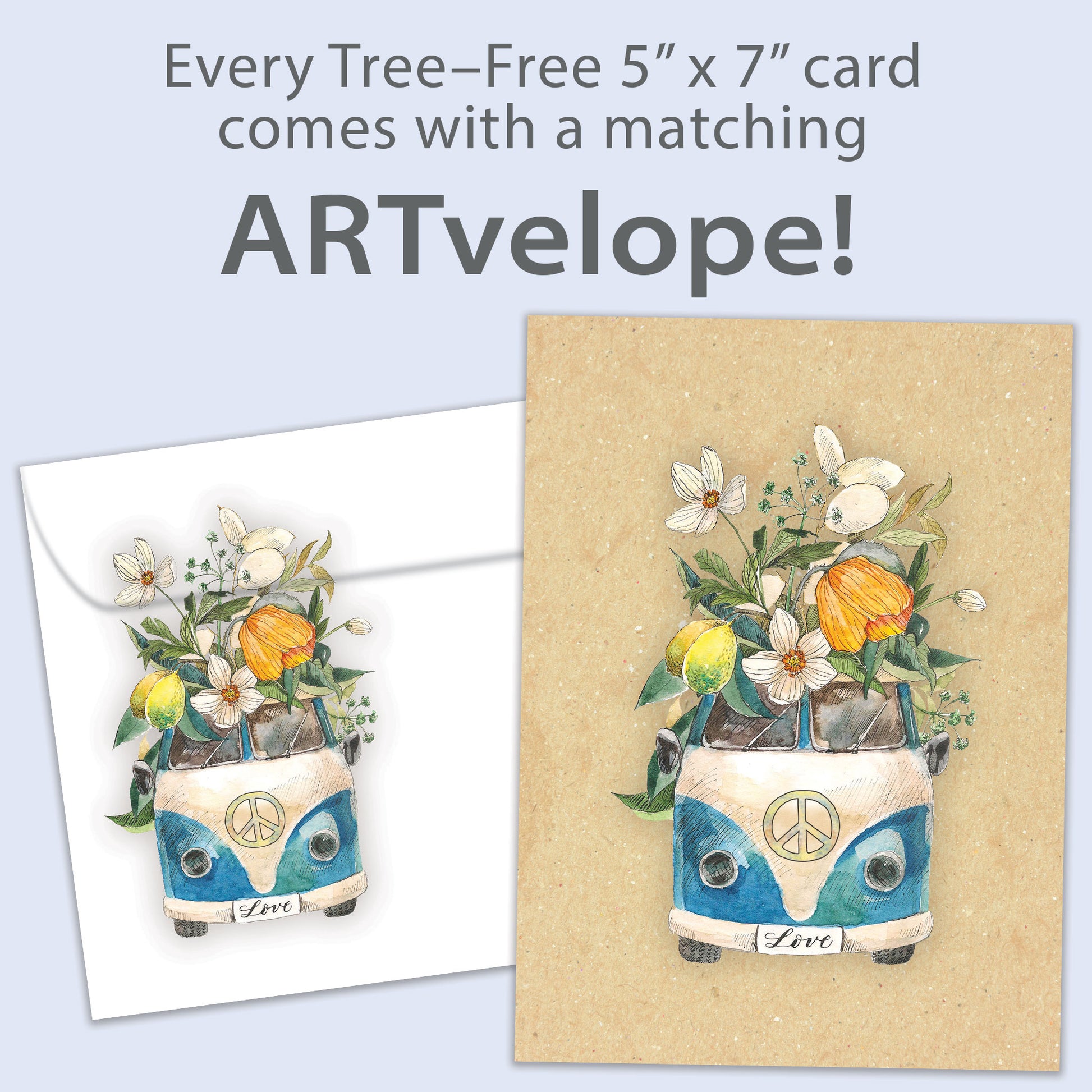 Front view of an All Occasion greeting card featuring a van overflowing with flowers and the word 'Love' on the licence plate, with matching envelope artwork.
