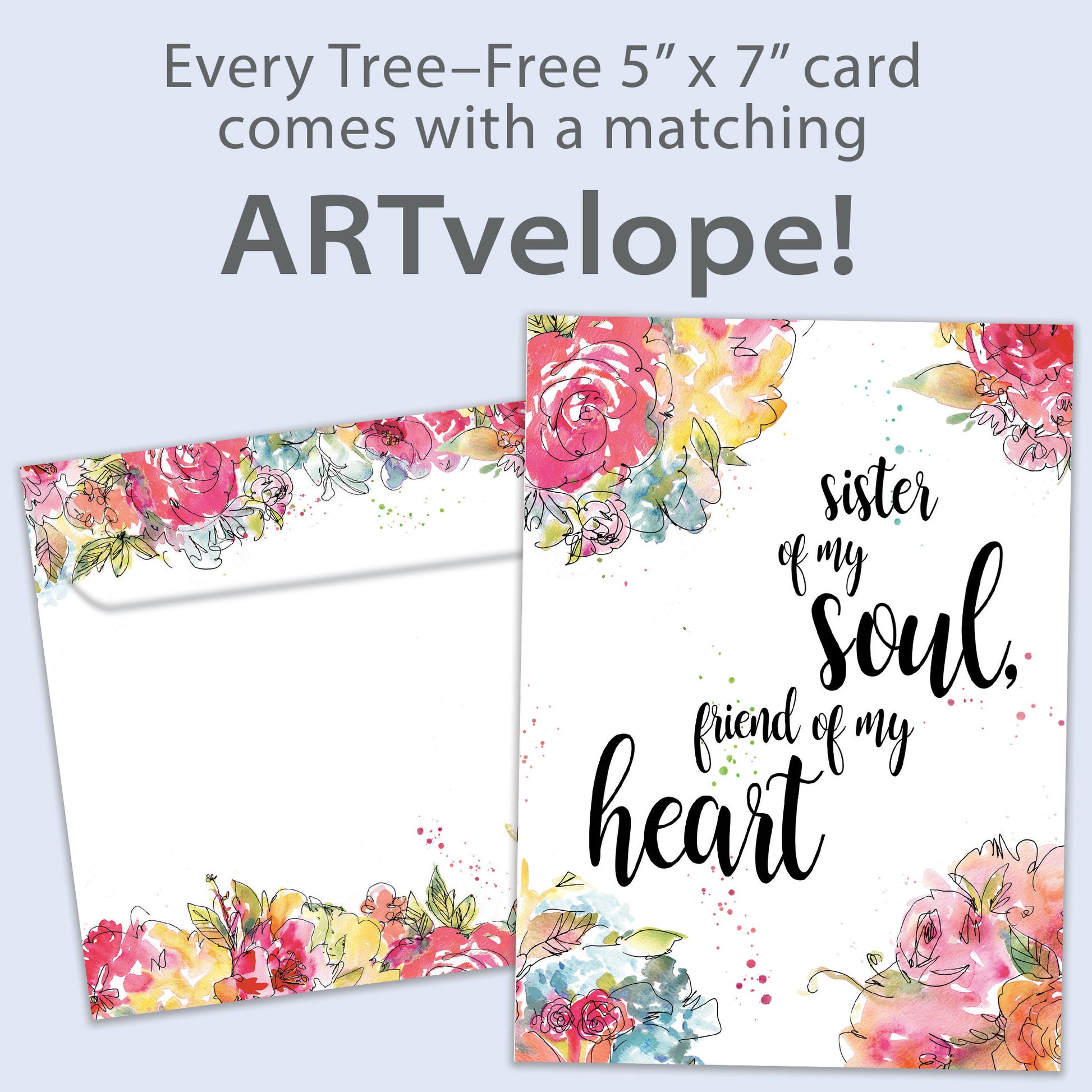 Front view of an All Occasion greeting card featuring the message 'Sister of my soul, friend of my heart' surrounded by watercolour flowers, with matching envelope artwork.