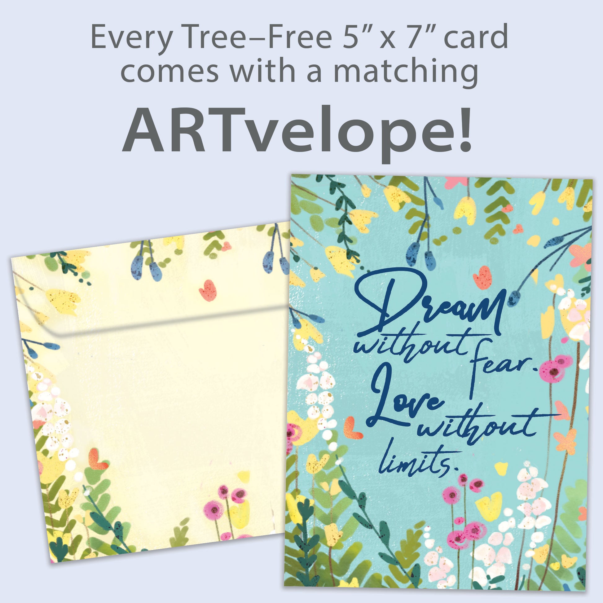 Front view of an All Occasion greeting card featuring the message 'Dream without fear. Love without limits.' on a light blue background with colourful flowers, with matching envelope artwork.