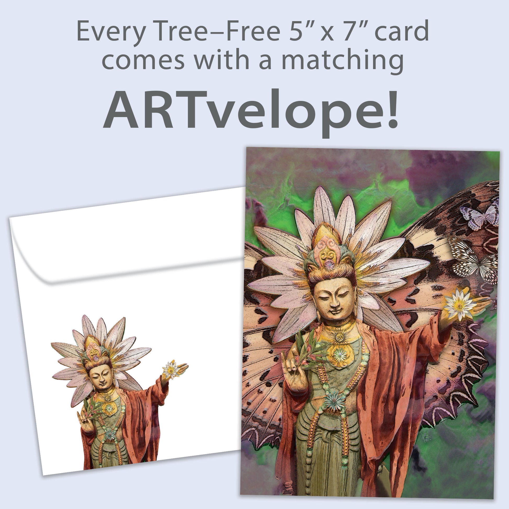 Front view of an All Occasion greeting card featuring an illustration of a Buddha with butterfly wings, with matching envelope artwork.