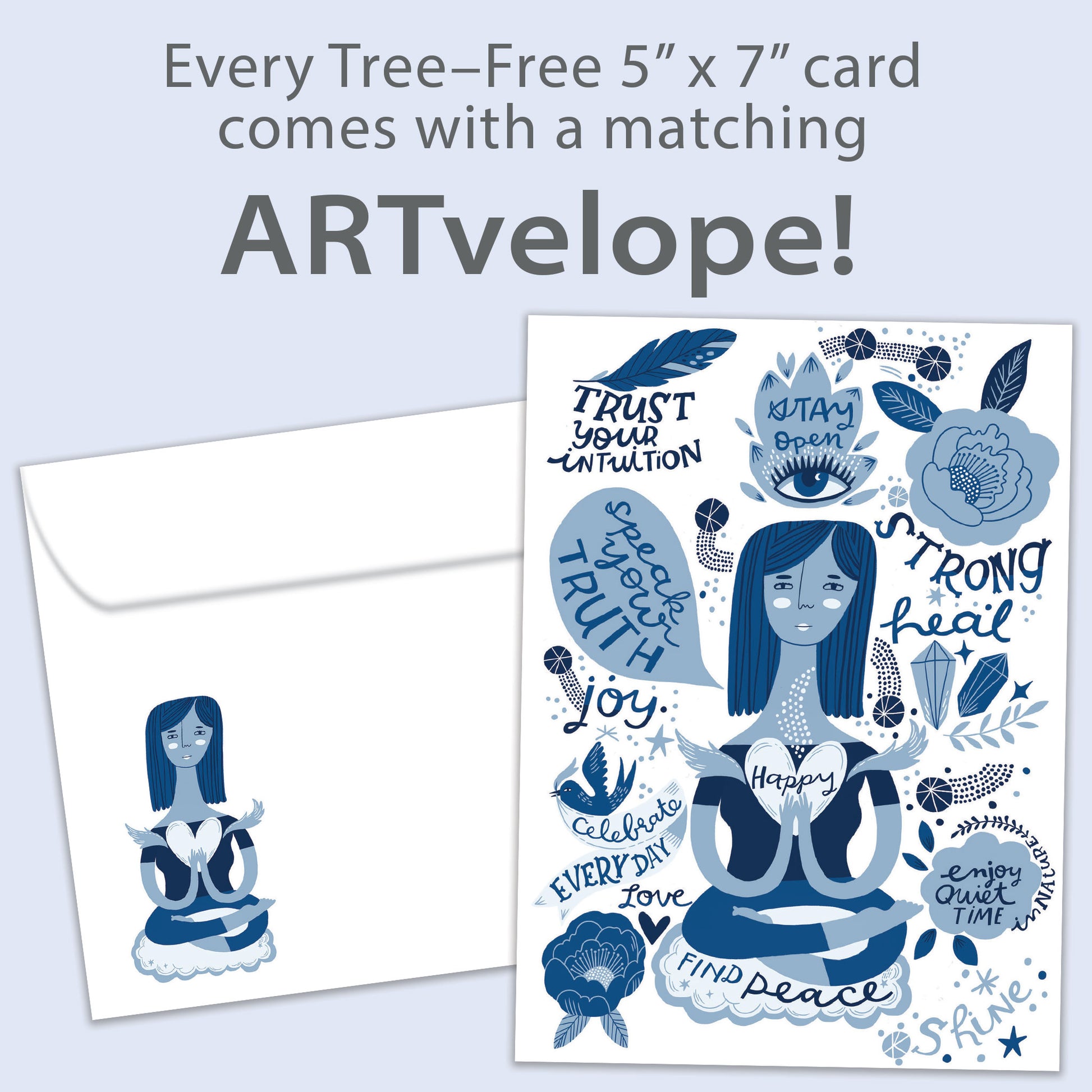Front view of an All Occasion greeting card featuring a woman meditating, surrounded by peaceful blue illustrations and text, with matching envelope artwork.