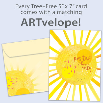 Front view of an All Occasion greeting card featuring a bright yellow sunshine illustration with the words 'positive vibes only,' with matching envelope artwork.