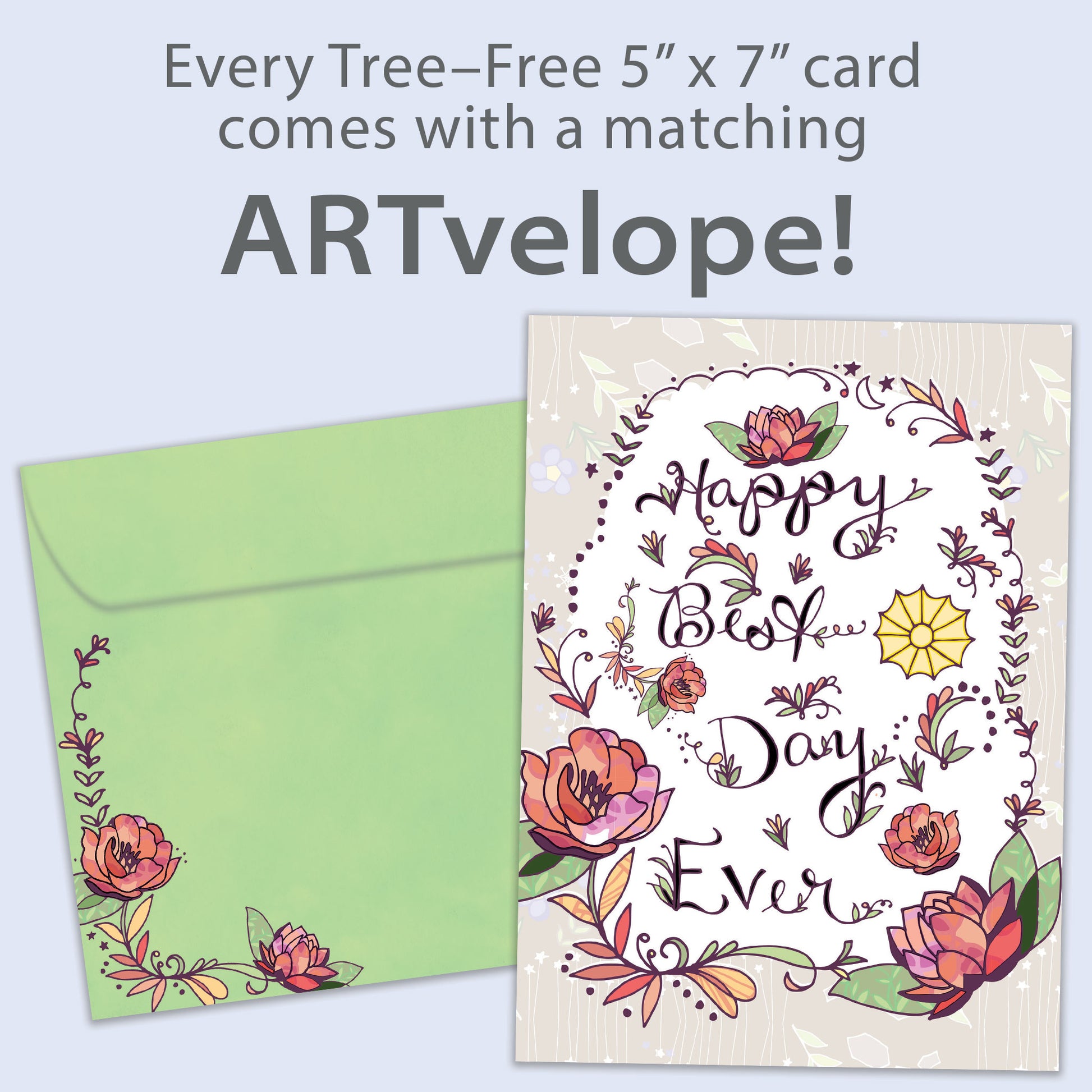 Front view of an All Occasion greeting card featuring 'Happy best day ever' with an intricate floral design, with matching envelope artwork.