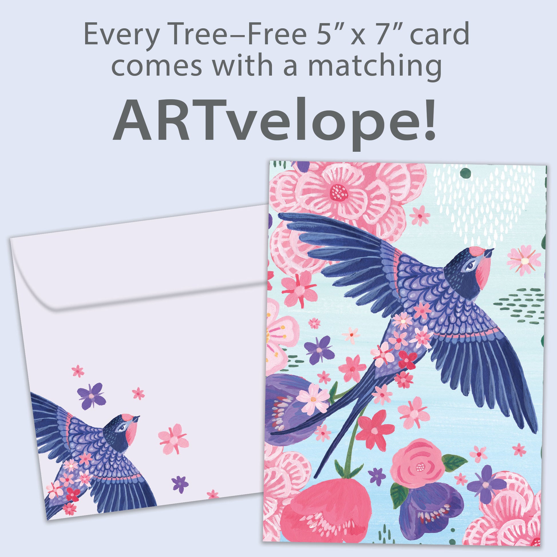 Front view of an All Occasion greeting card featuring a whimsical bird and floral design, with matching envelope artwork.