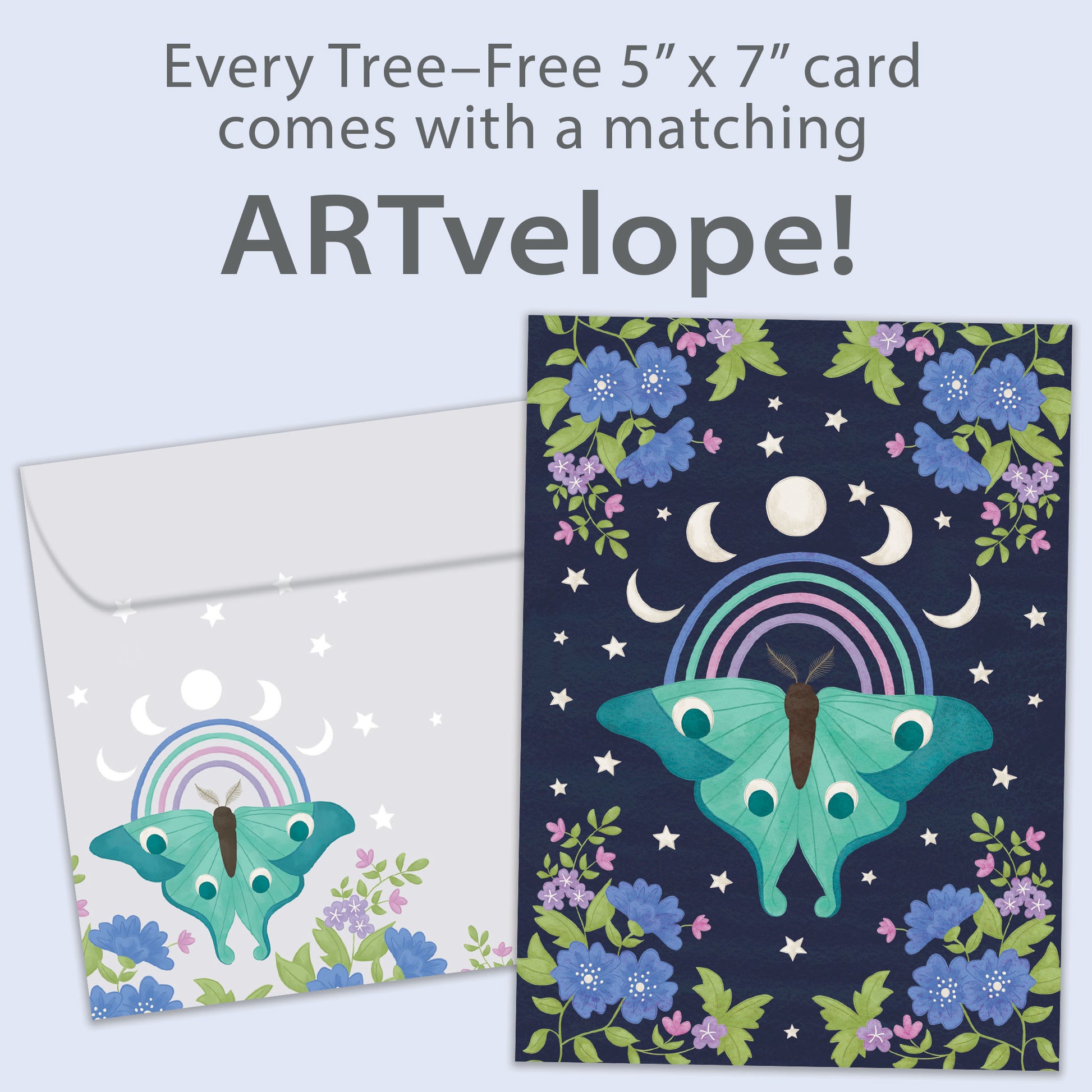 Front view of an All Occasion greeting card featuring a moth, moon phases, and flowers on a deep blue background, with matching envelope artwork.