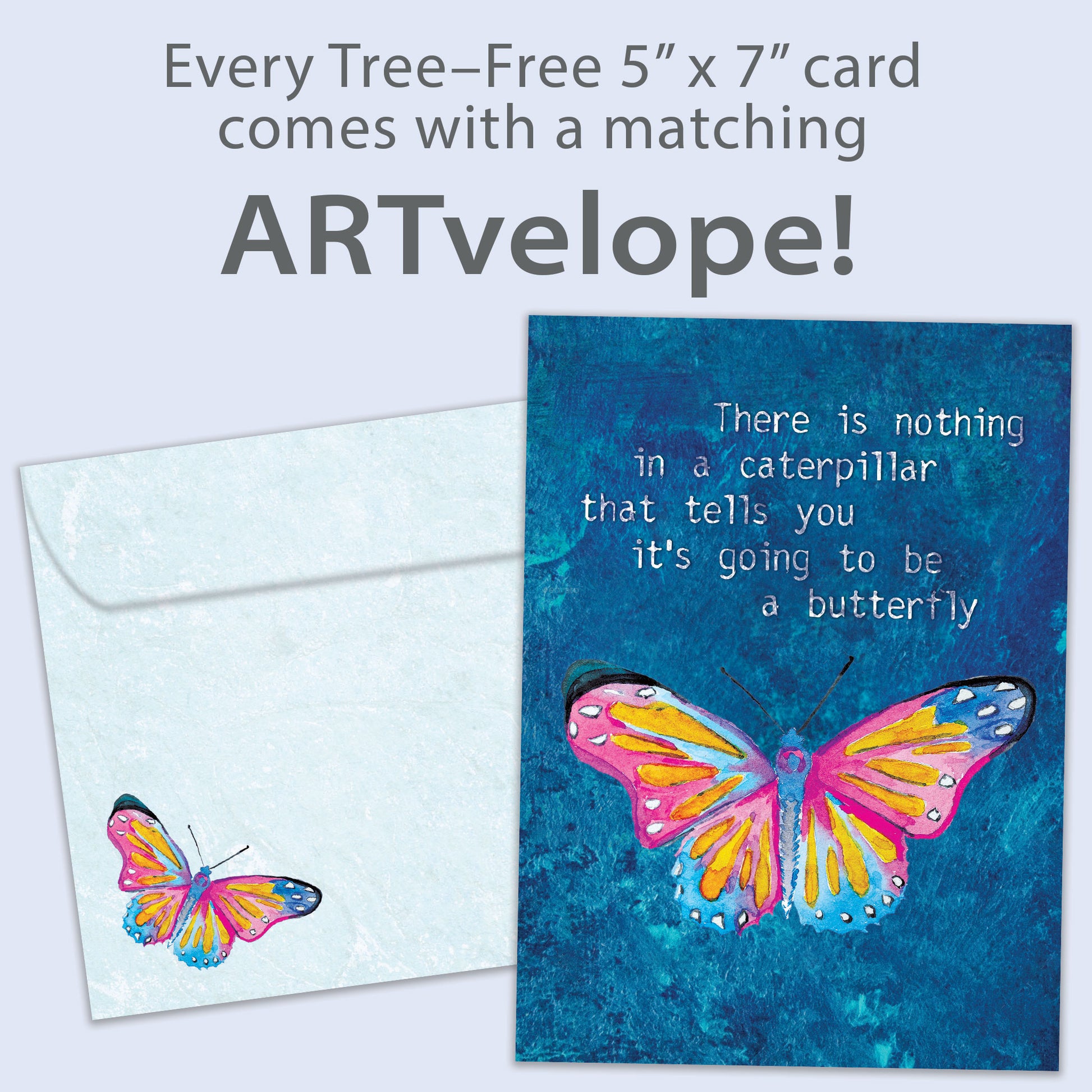 Front view of an All Occasion greeting card with a vibrant butterfly on a deep blue background, featuring an uplifting message along with matching envelope artwork.