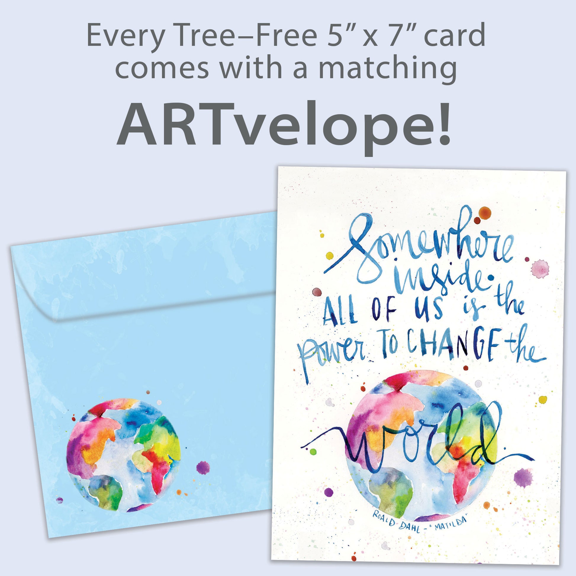 Front view of an All Occasion greeting card with a vibrant world illustration and an uplifting message, along with matching envelope artwork.