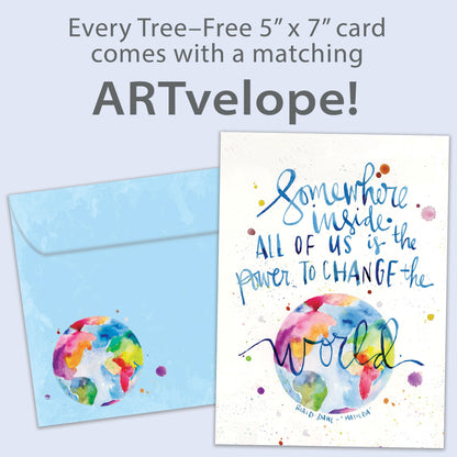 Front view of an All Occasion greeting card with a vibrant world illustration and an uplifting message, along with matching envelope artwork.