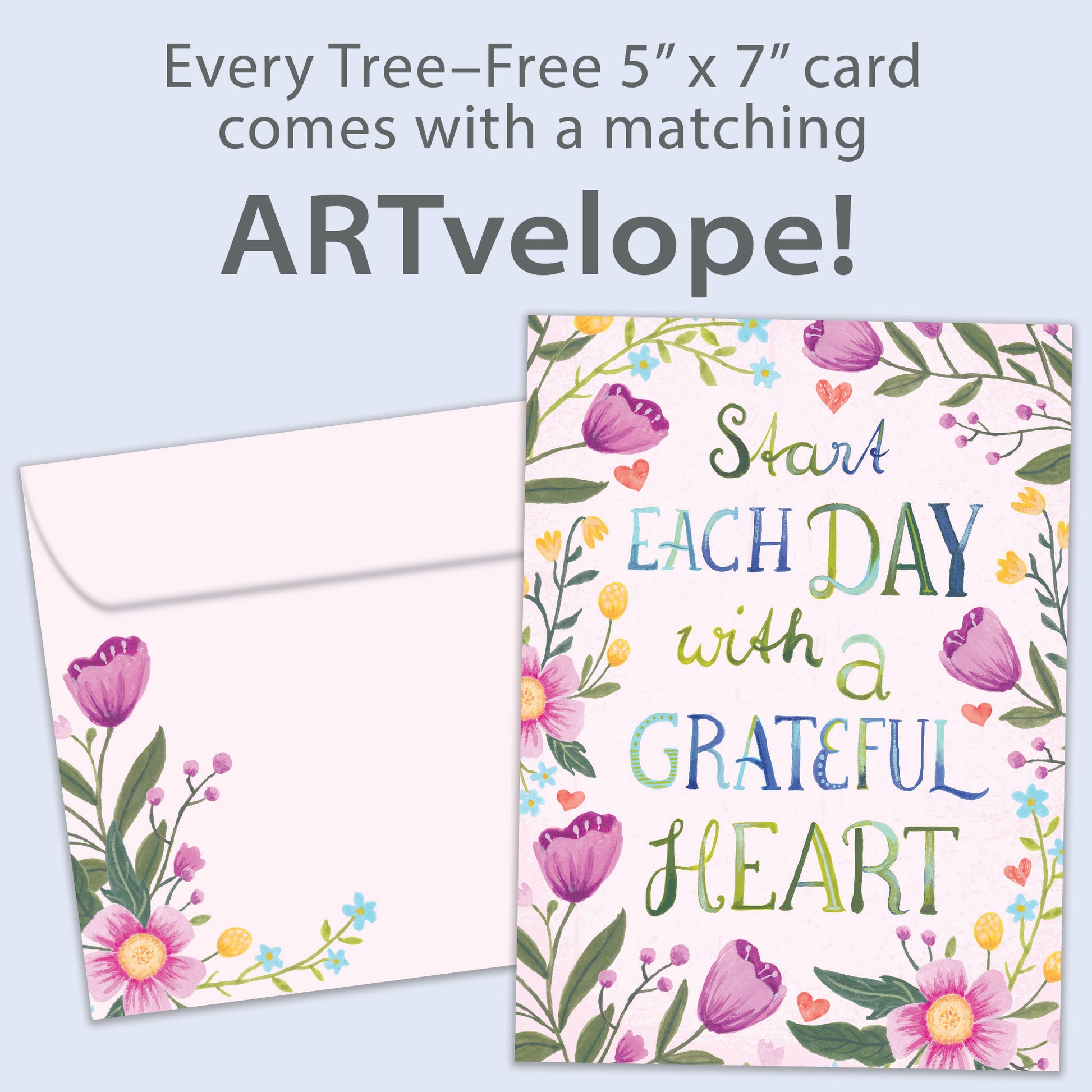 Front view of an All Occasion greeting card with the message 'Start each day with a grateful heart' and delicate flowers, along with matching envelope artwork.
