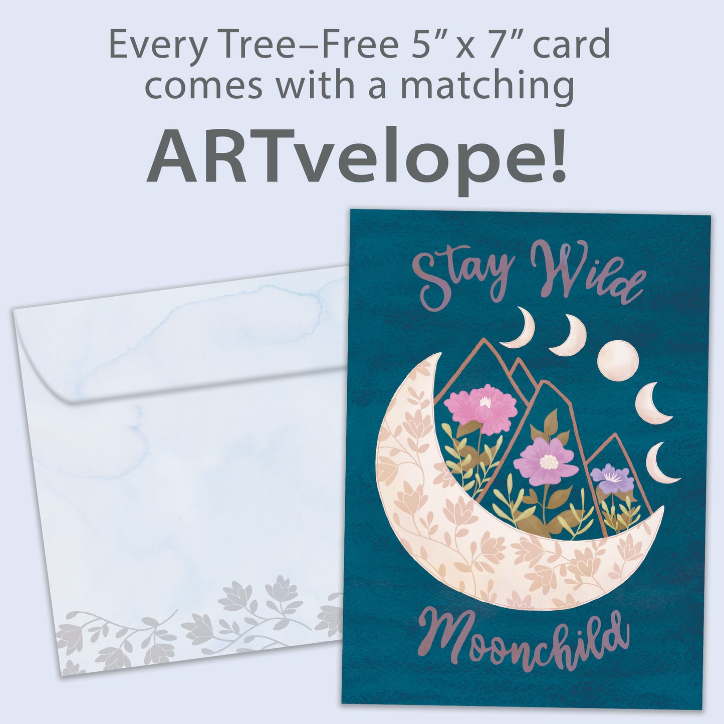 Front view of an All Occasion greeting card with a moon and floral illustration on a dark blue background, along with matching envelope artwork.