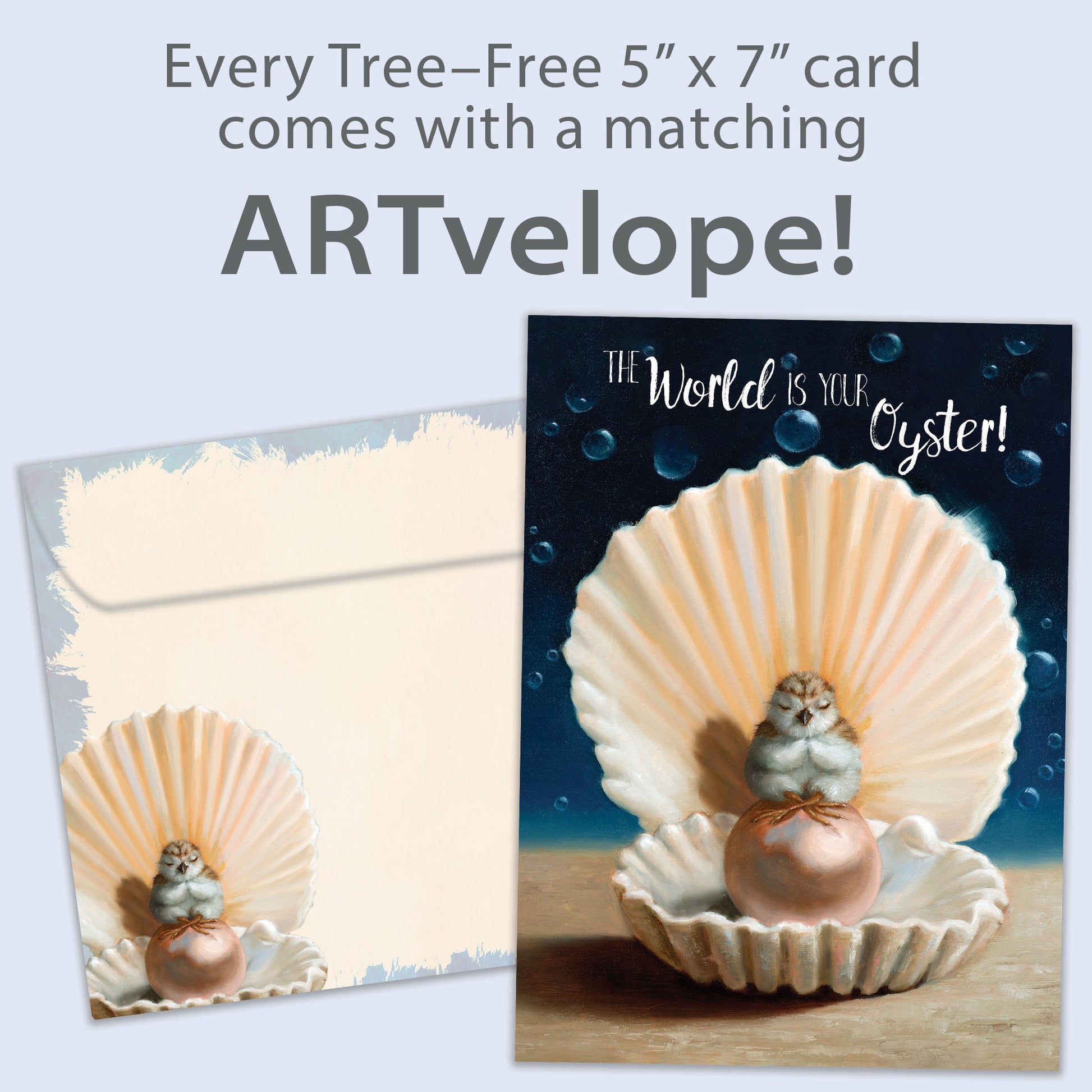 Front view of an All Occasion greeting card with an oyster and pearl illustration, along with matching envelope artwork.