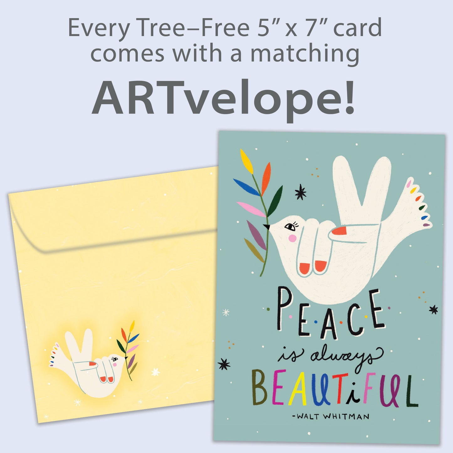 Front view of an All Occasion greeting card with a bird illustration and the message 'Peace is always beautiful', along with matching envelope artwork.