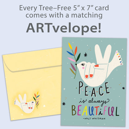 Front view of an All Occasion greeting card with a bird illustration and the message 'Peace is always beautiful', along with matching envelope artwork.