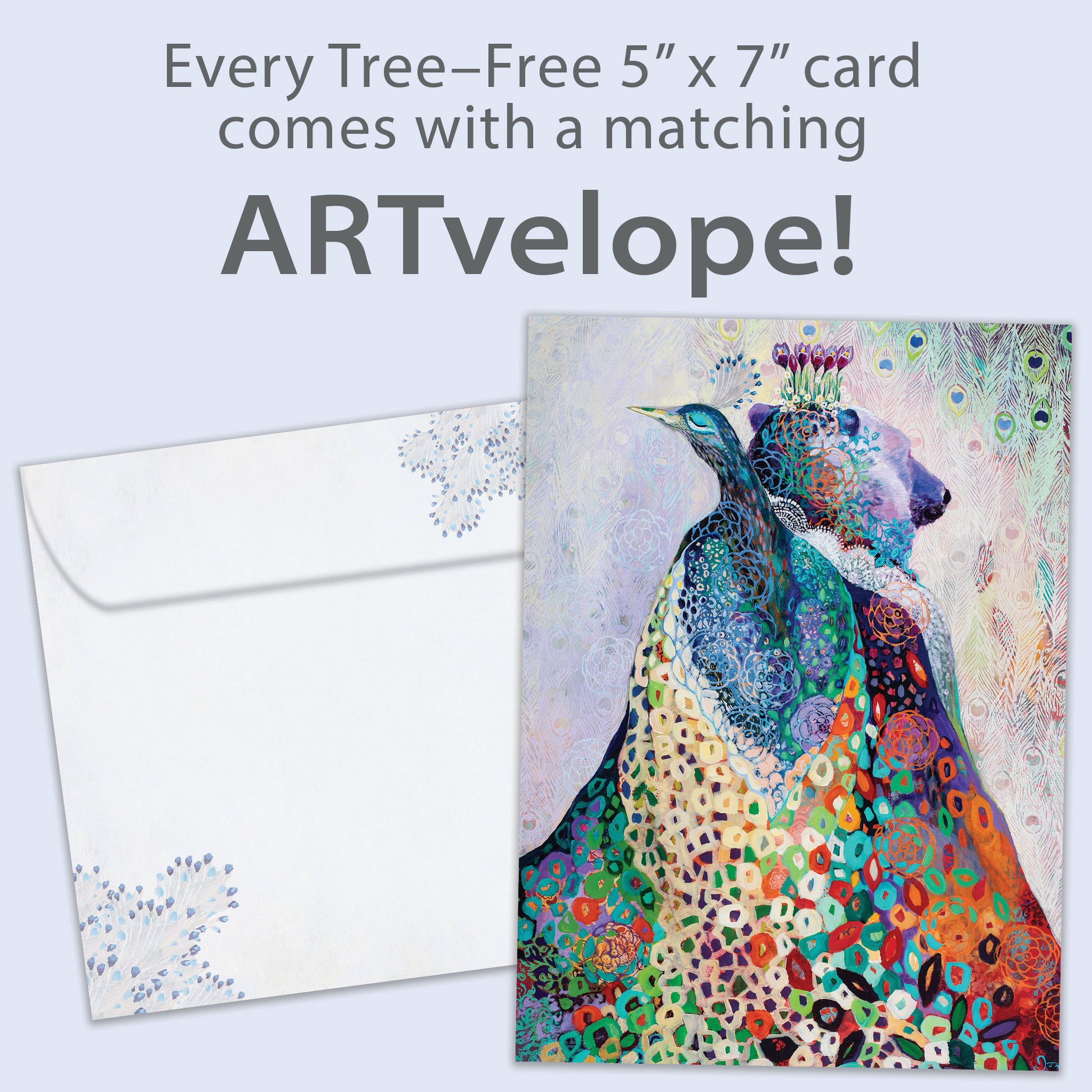 Front view of an All Occasion greeting card with a peacock and bear illustration, along with matching envelope artwork.