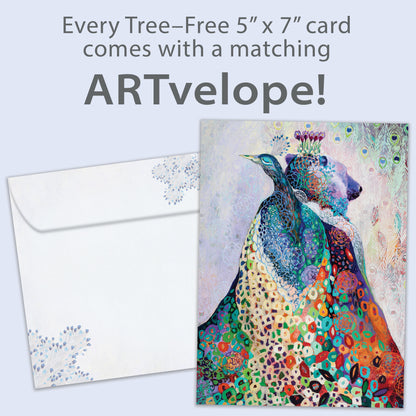 Front view of an All Occasion greeting card with a peacock and bear illustration, along with matching envelope artwork.