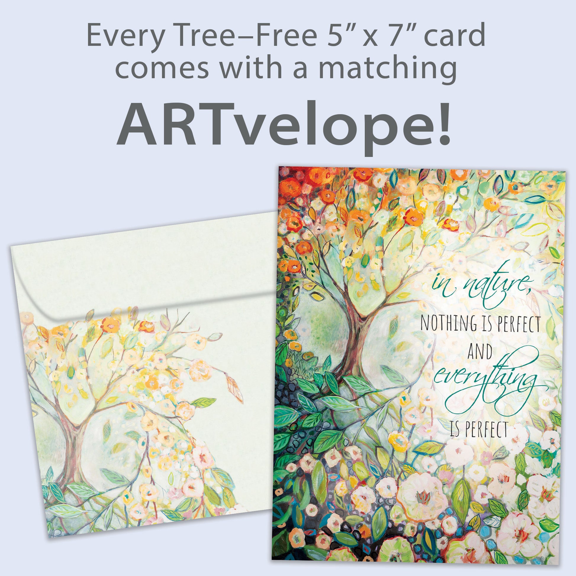 Front view of an All Occasion greeting card with a tree and flowers illustration, along with matching envelope artwork.