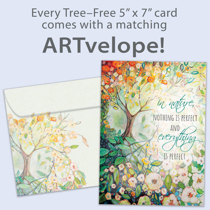 Front view of an All Occasion greeting card with a tree and flowers illustration, along with matching envelope artwork.
