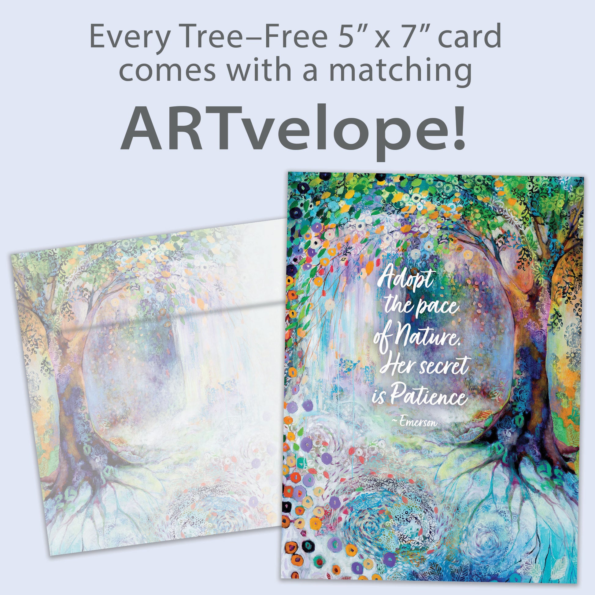 Front view of an All Occasion greeting card with a colourful tree and flowers illustration, along with matching envelope artwork.