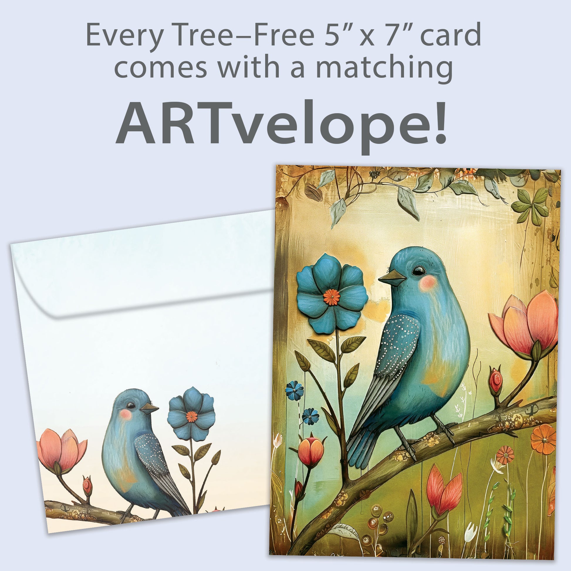 Front view of an All Occasion greeting card with a bird and flowers illustration, along with matching envelope artwork.