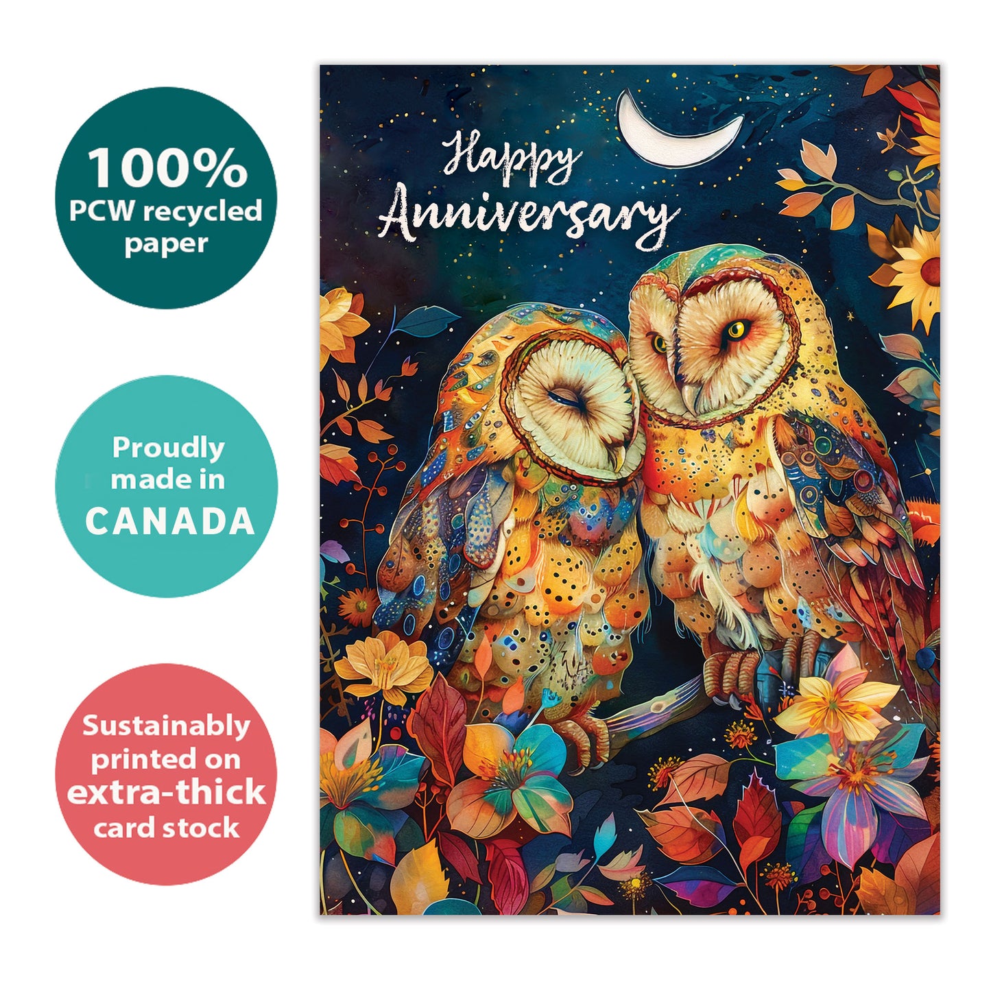 Front view of an Anniversary greeting card with an illustration of an owl couple in a colourful tree under the moon, highlighting its eco-friendly materials and made in Canada.