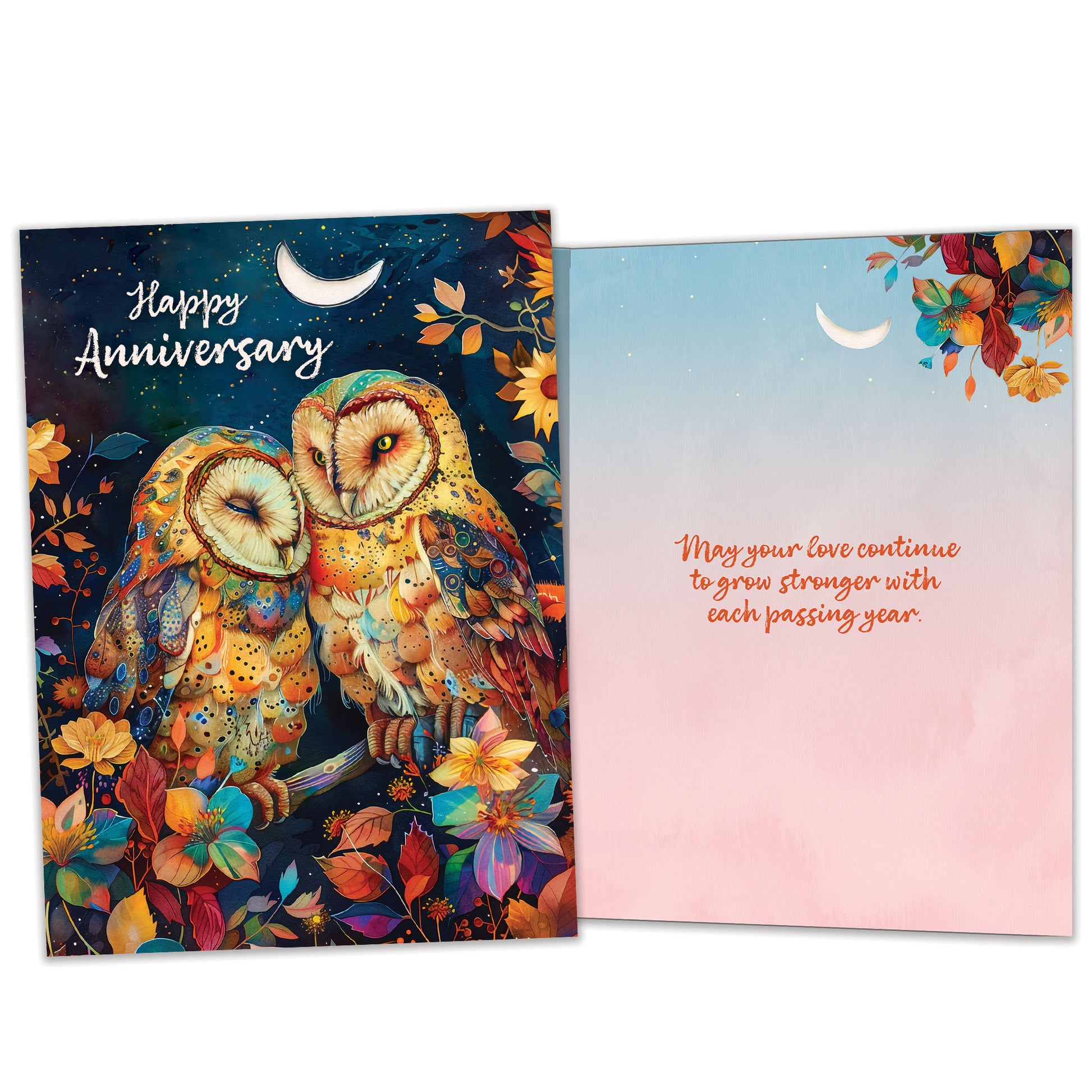 Front and inside view of an Anniversary greeting card featuring an owl couple in a colourful tree under the moon, with matching design details inside.