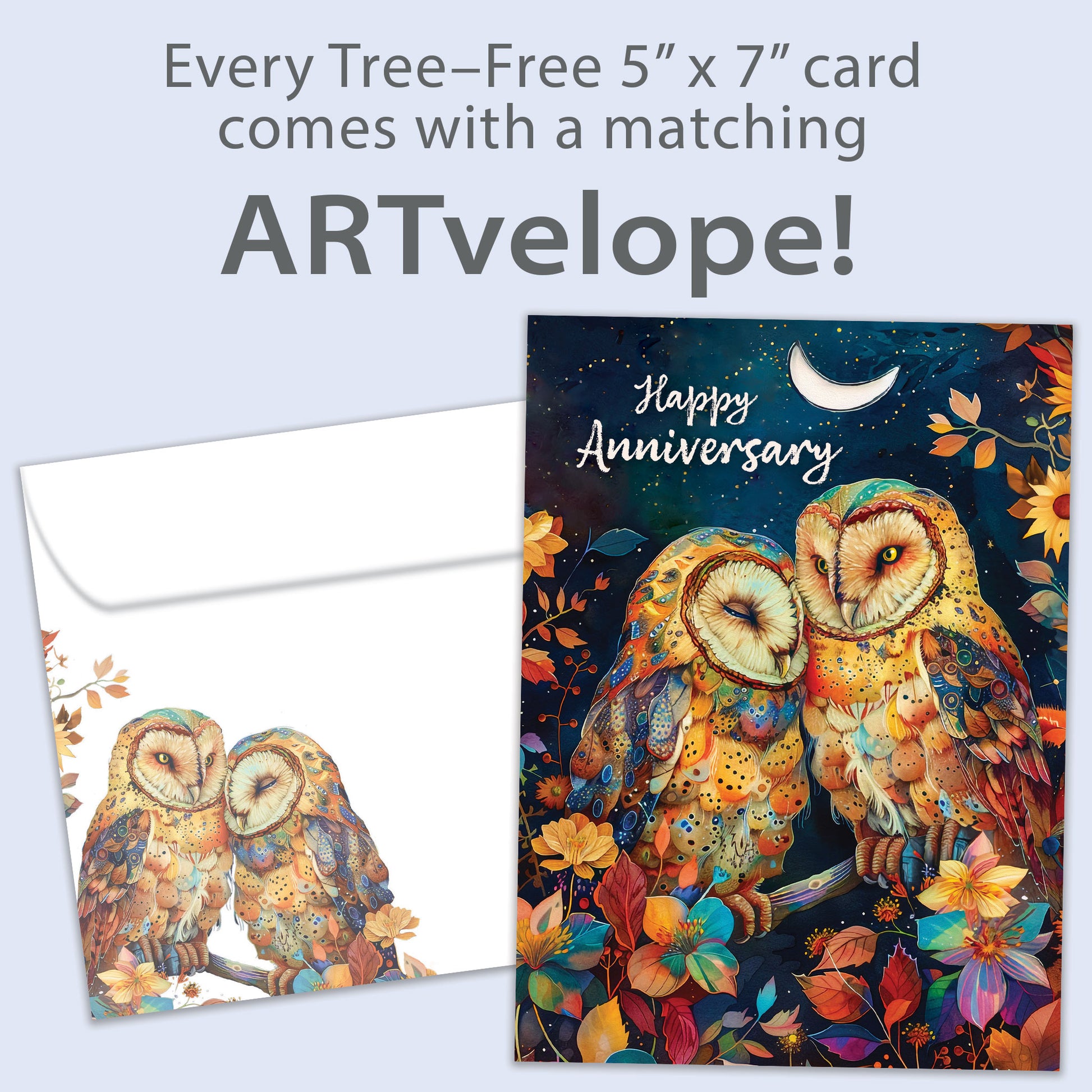 Front view of an Anniversary greeting card featuring an owl couple in a vivid tree under the moon, with matching envelope artwork.