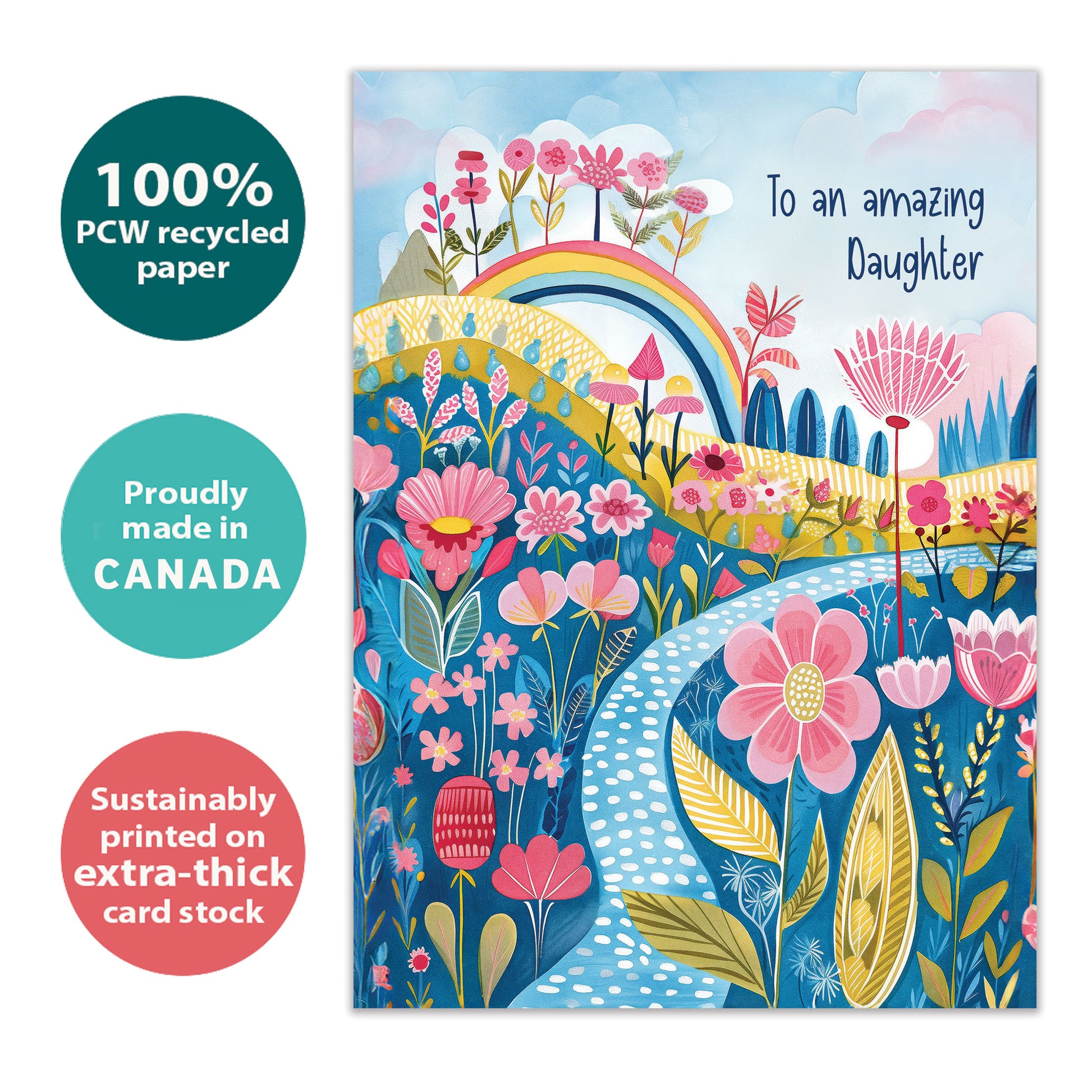 Front view of a Birthday greeting card featuring an illustration of colorful flowers, highlighting its eco-friendly materials and made in Canada.