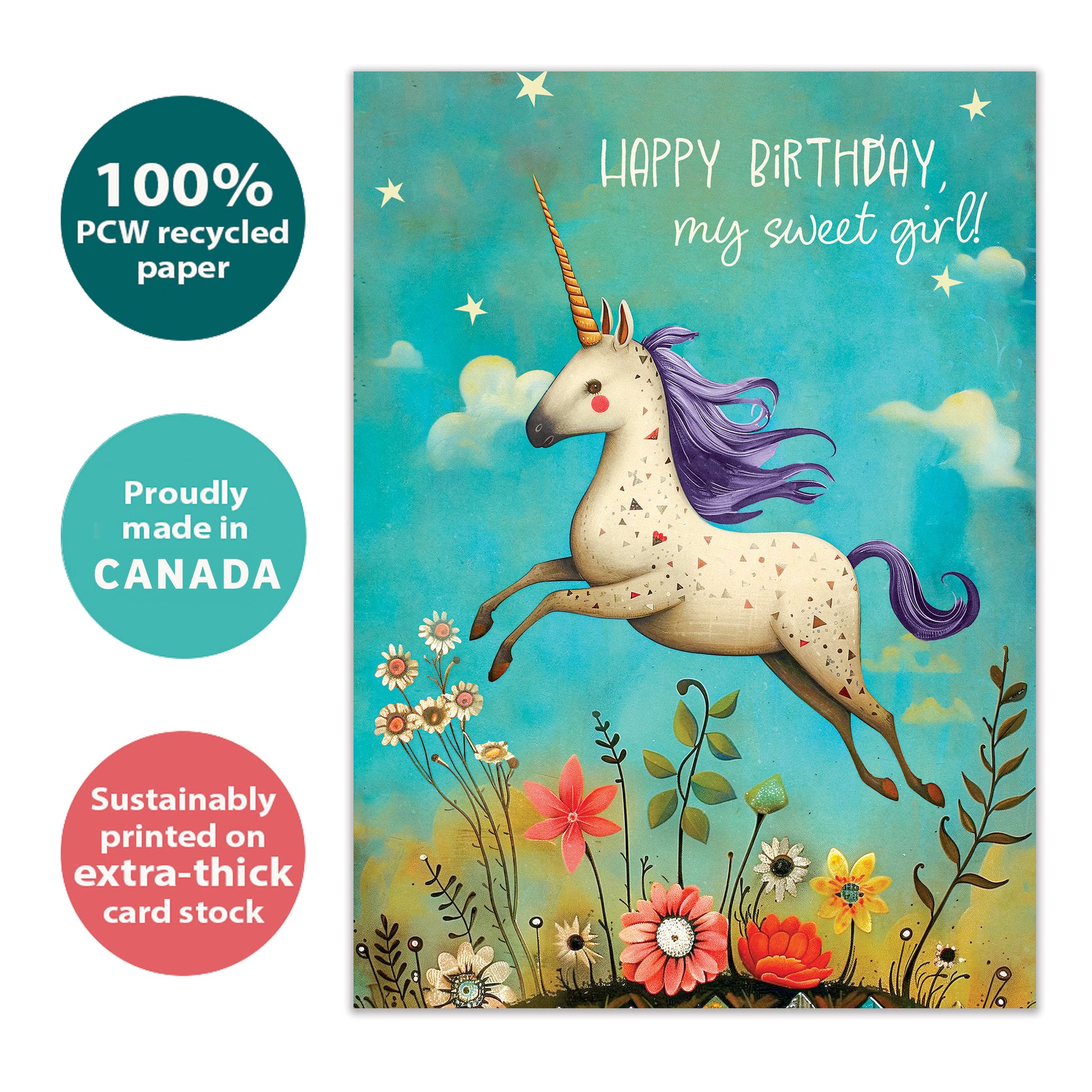 Front view of a Birthday greeting card with an illustration of dinosaurs surrounding a fun birthday message, highlighting its eco-friendly materials and made in Canada.
