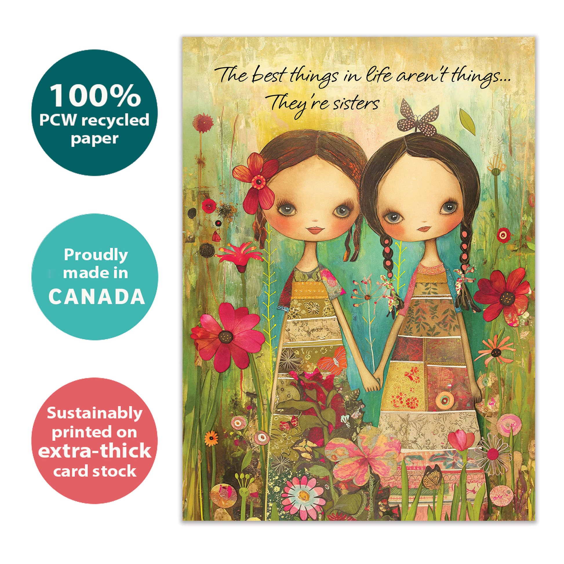 Front view of a Birthday greeting card with an illustration of two sisters holding hands surrounded by colorful flowers, highlighting its eco-friendly materials and made in Canada.