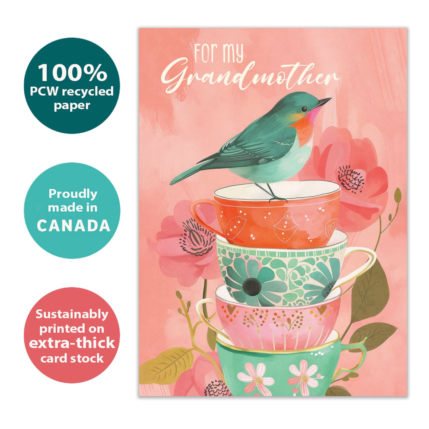Front view of a Birthday greeting card with an illustration of a bird standing on a stack of teacups in beautiful pastel colors, highlighting its eco-friendly materials and made in Canada.