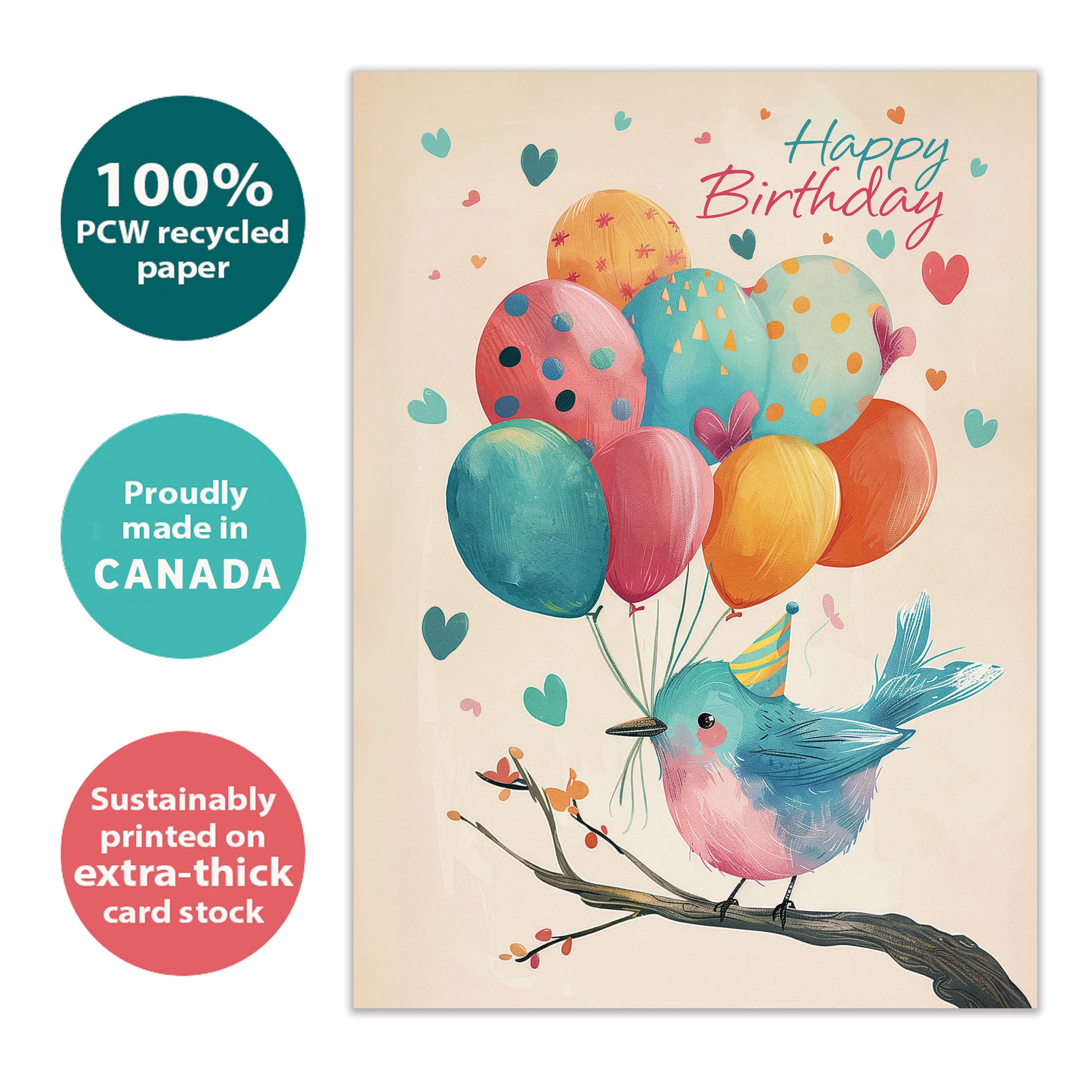 Front view of a Birthday greeting card with an illustration of a bird on a branch wearing a birthday cap and holding birthday balloons, highlighting its eco-friendly materials and made in Canada.