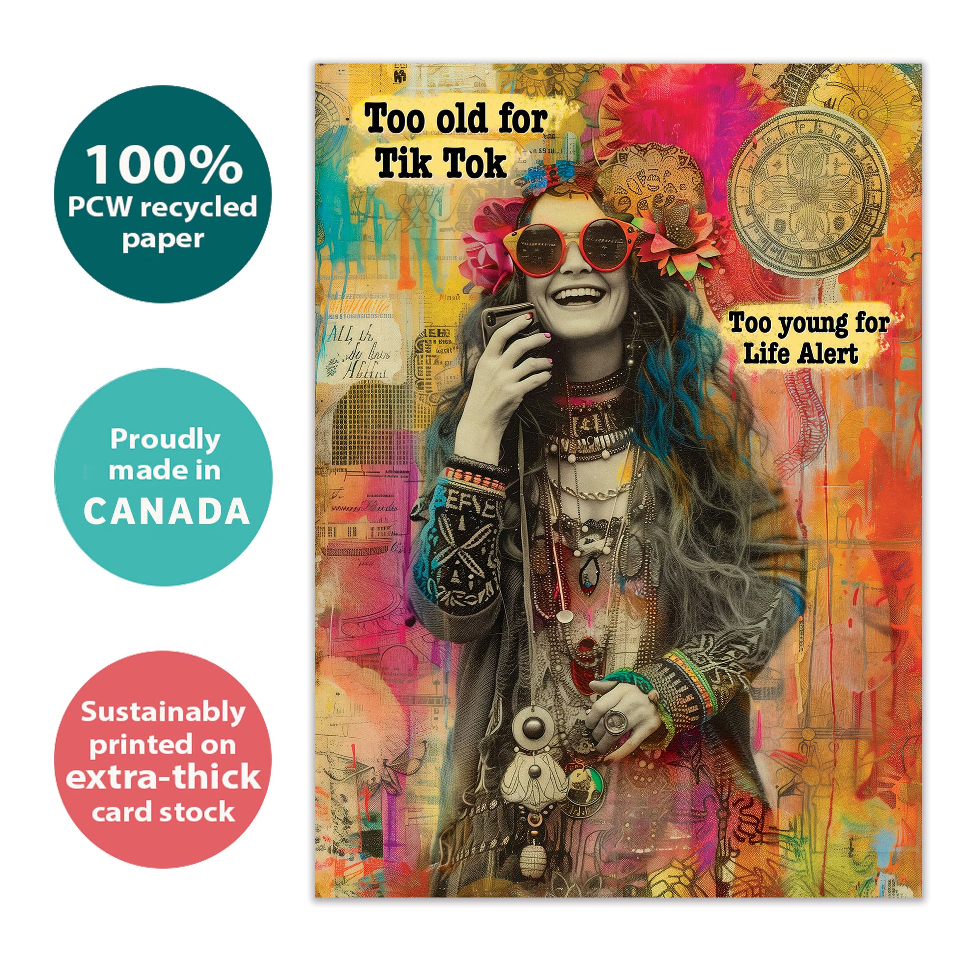 Front view of a Birthday greeting card with an illustration of a happy hippie-like woman, made with eco-friendly materials in Canada.