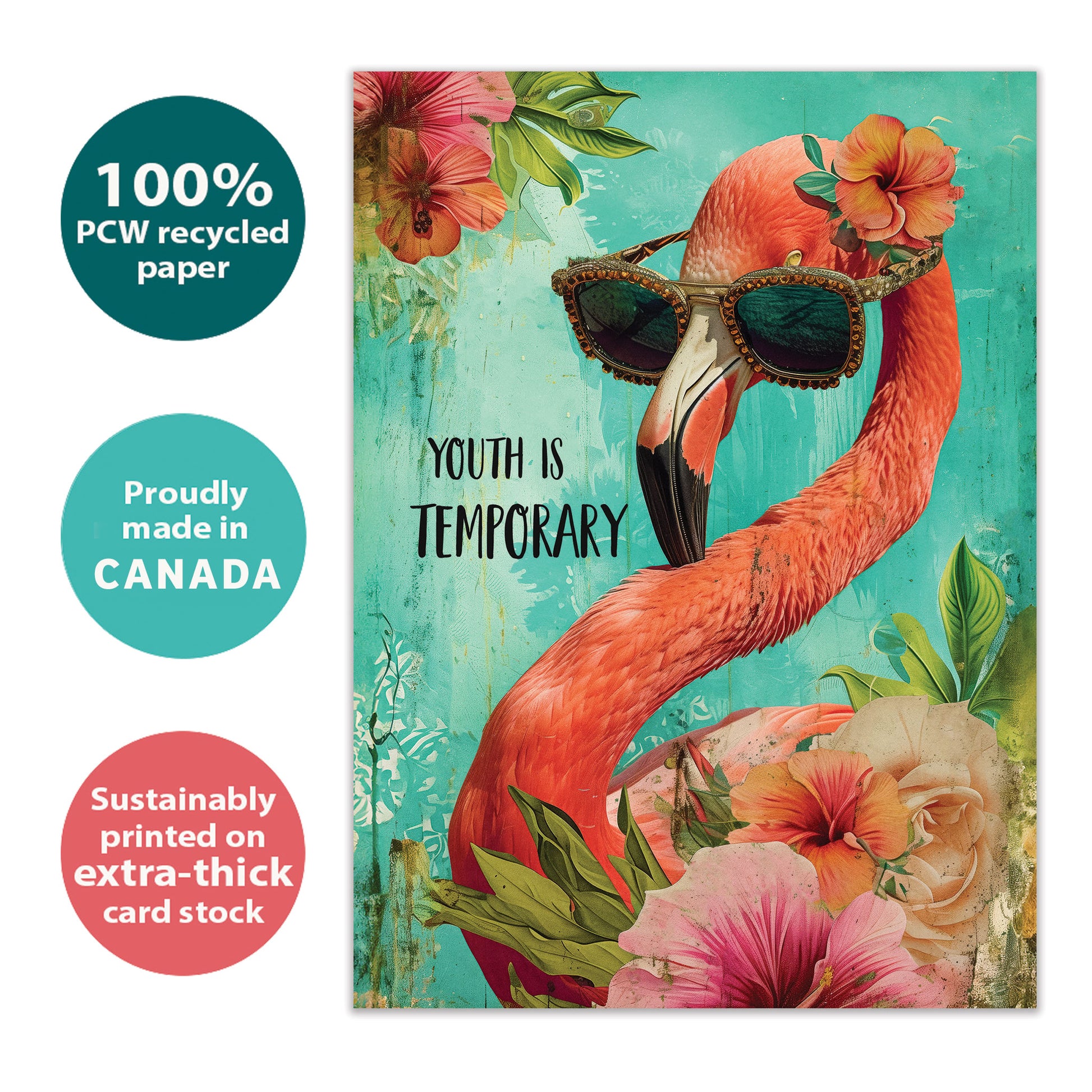 Front view of a Birthday greeting card with an illustration of a flamingo wearing sunglasses, made with eco-friendly materials in Canada.